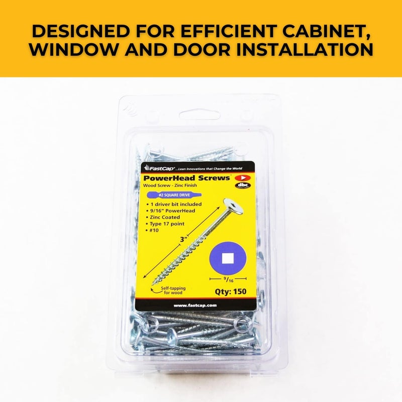 FastCap PowerHead Wood Screws with Oversized Flat Head - Self-Tapping Point - 3", #2 Square Drive, Zinc Finish, 150-Pack - 02193 - Image 3